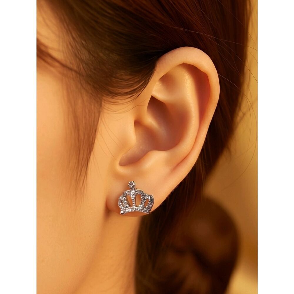 Silver Crown Stud Earrings Mini CZ Pave Tiara Queen Dainty Royal Jewelry Regal